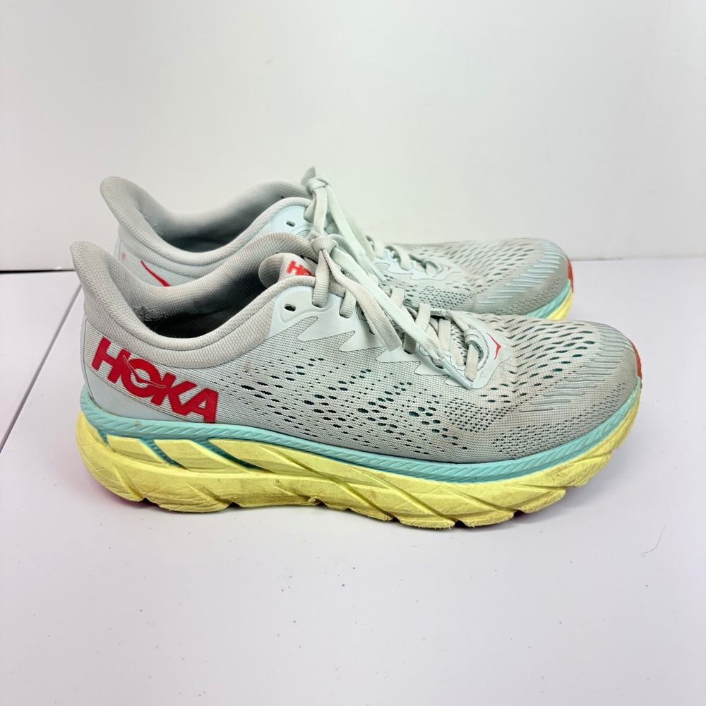 Hoka Clifton 7 Womens 8.5 Morning Mist Hot Coral Running Shoes - Picture 4 of 9